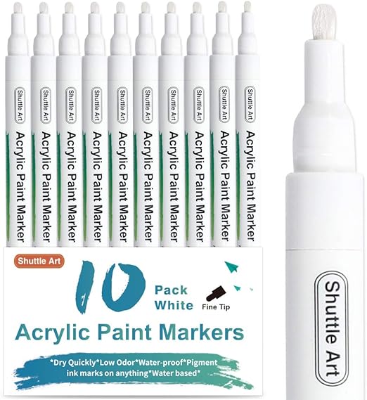 White Paint Pen, Shuttle Art 10 Pack Fine Tip Acrylic Paint Pens, Water