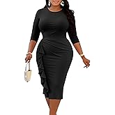 Runwind Plus Size Dress Church Dresses for Women 3/4 Sleeve Wear to Work Bodycon Ruffle Pencil Midi Dress