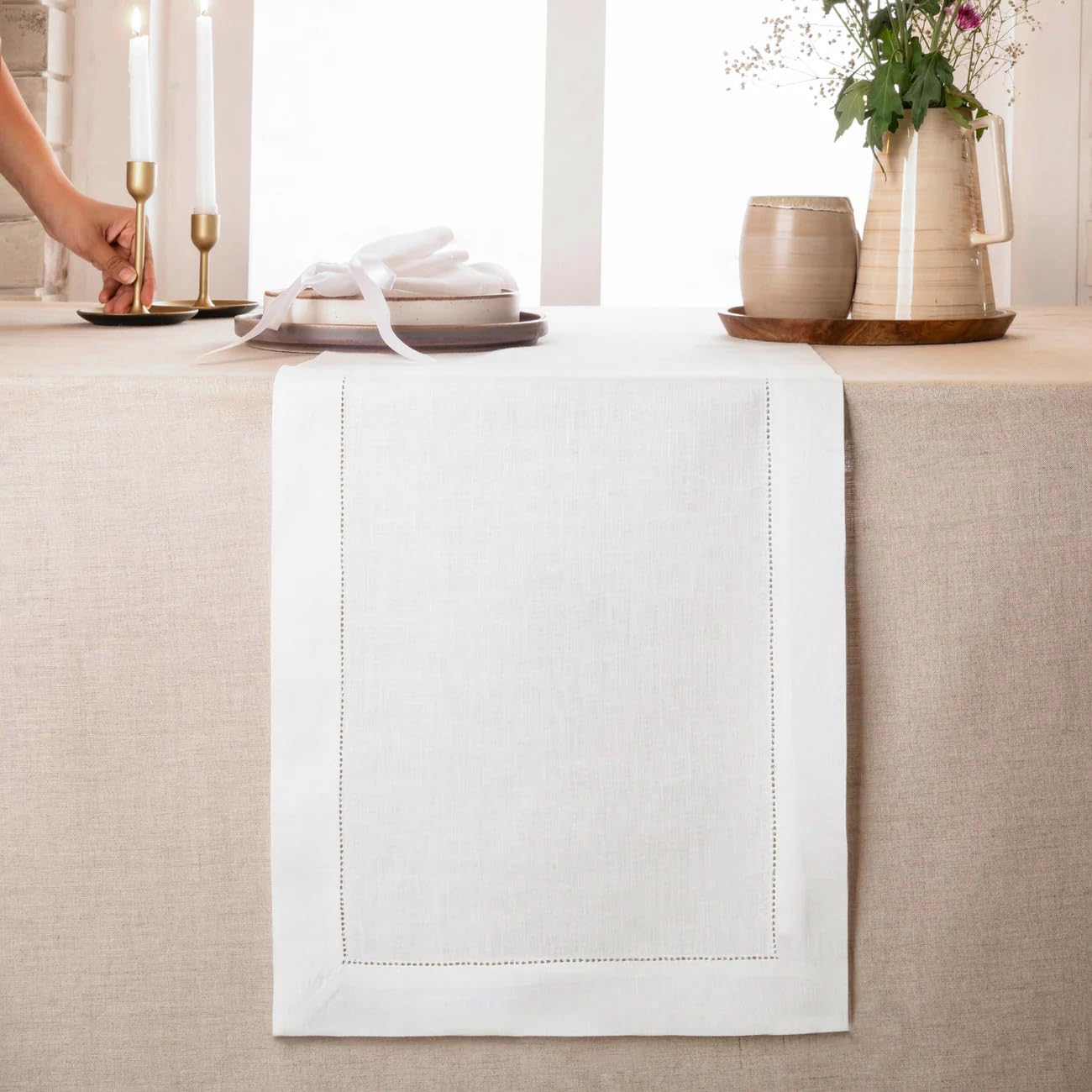 D'Moksha Homes Linen White Table Runner 305 CM Long - 100% Pure Linen Hemstitch 36 x 305 cm Table Runner for Dining, Valentines, Spring, Easter - Classic Hemstitch