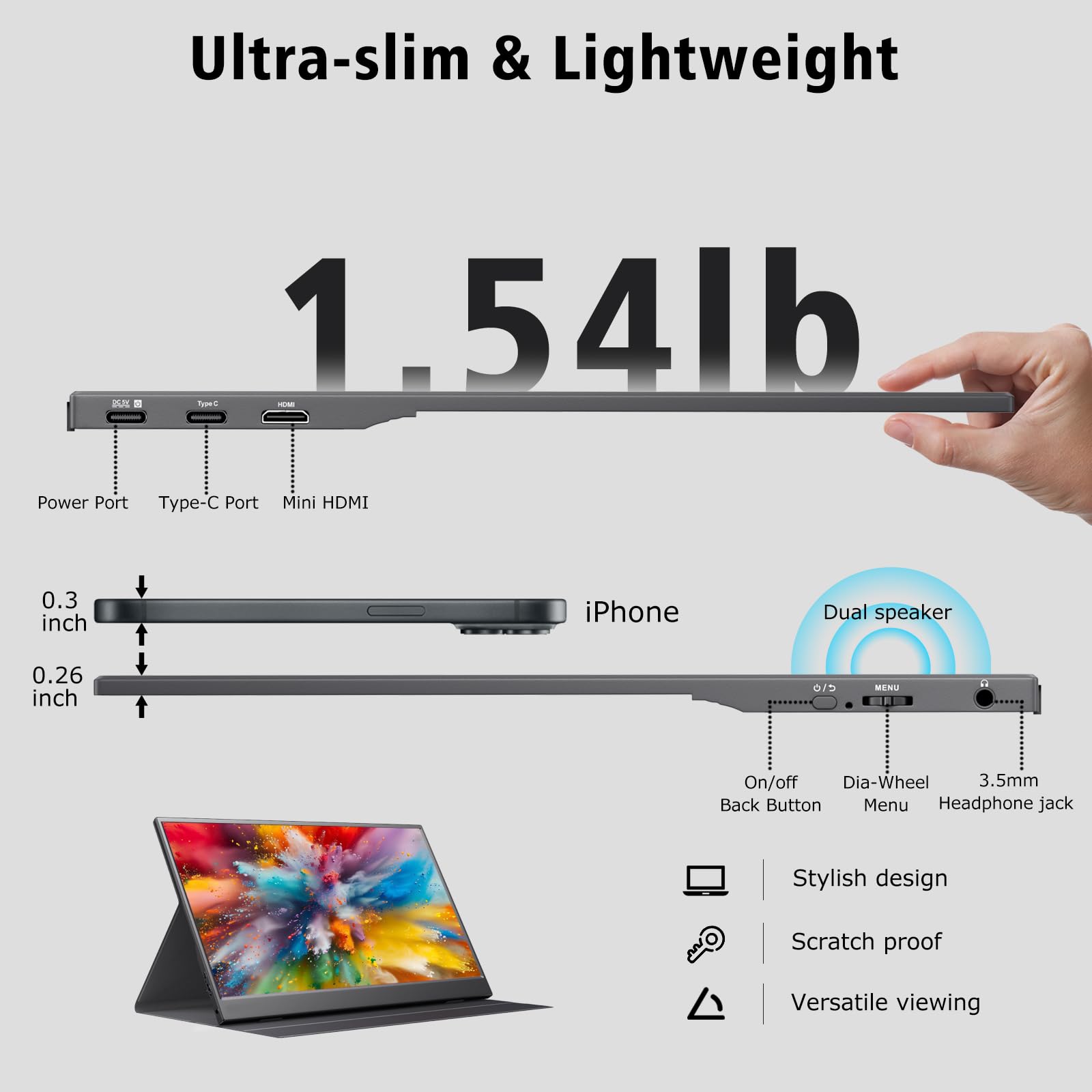 Portable Monitor 15.6 Inch 1080P FHD IPS Gaming Display Monitor with USB-C & HDMI Light Weight Ultra-Slim External Second Screen with Smart Cover & Speakers for Laptop，PC, Mac, Phone, PS5, Switch