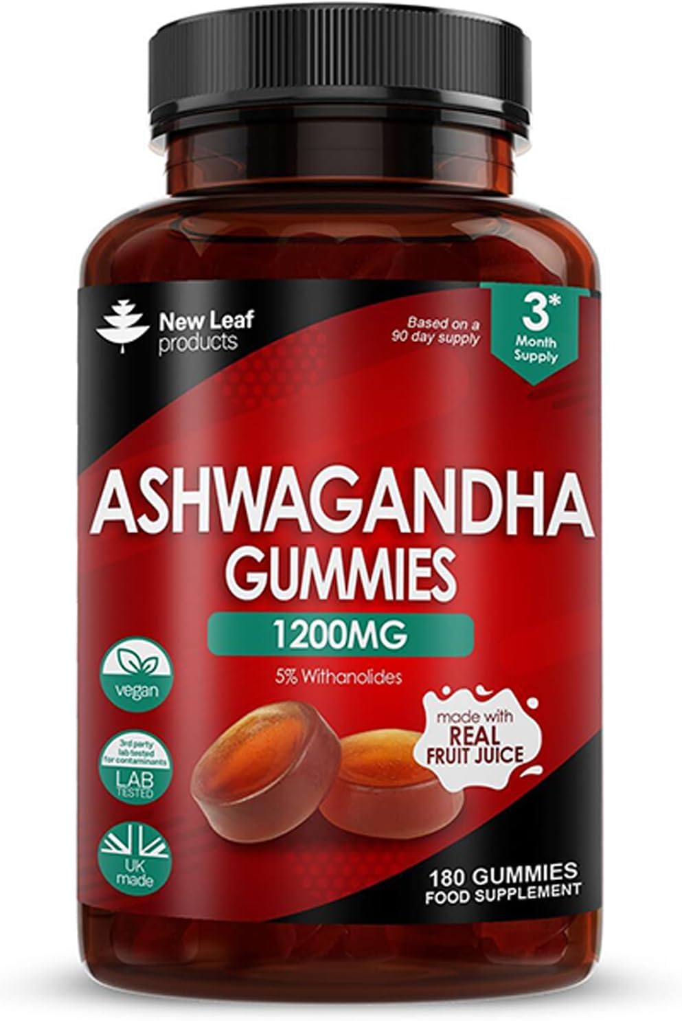 NEW LEAF Ashwagandha Gummies 1200mg 3 Month Supply 5% Withanolides UK Made
