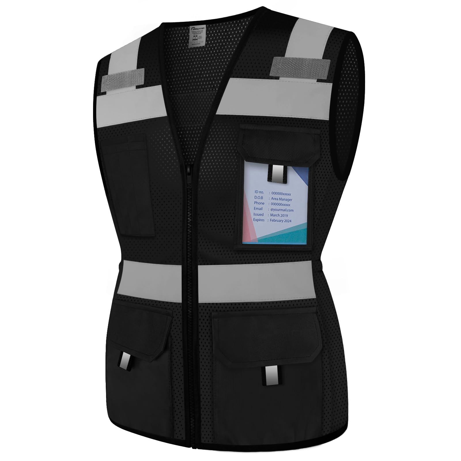 Graunton Hi Vis Vest for Women 11 Pockets Mesh Reflective Safety Vest with Zipper, High Visibility Neon Construction Work Vest for Lady Surveyor/Warehouse, Snug-Fit, Durable, ANSI Compliant,Black XS.