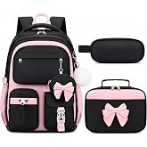 4PCS Girls Backpack for School, Lunch Box and Pencil Pouch(Black Purple) | Kids Backpack for Girls with Pen Case &amp; Lunch Bag, Teen Girl Bookbag Schoolbag for Preschool Elementary Primary Middle School