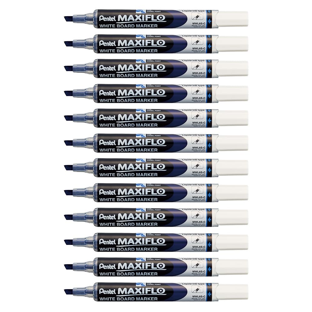 Pentel Maxiflo Dry Wipe Slim Chisel Tip Marker - Blue (Pack of 12)