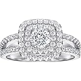1ct 6.5X6.5mm Center Cushion Halo Moissanite Engagement Rings for Women Platinum Plated Silver Rings for Women (Available in size 6, 7, 8, 9)