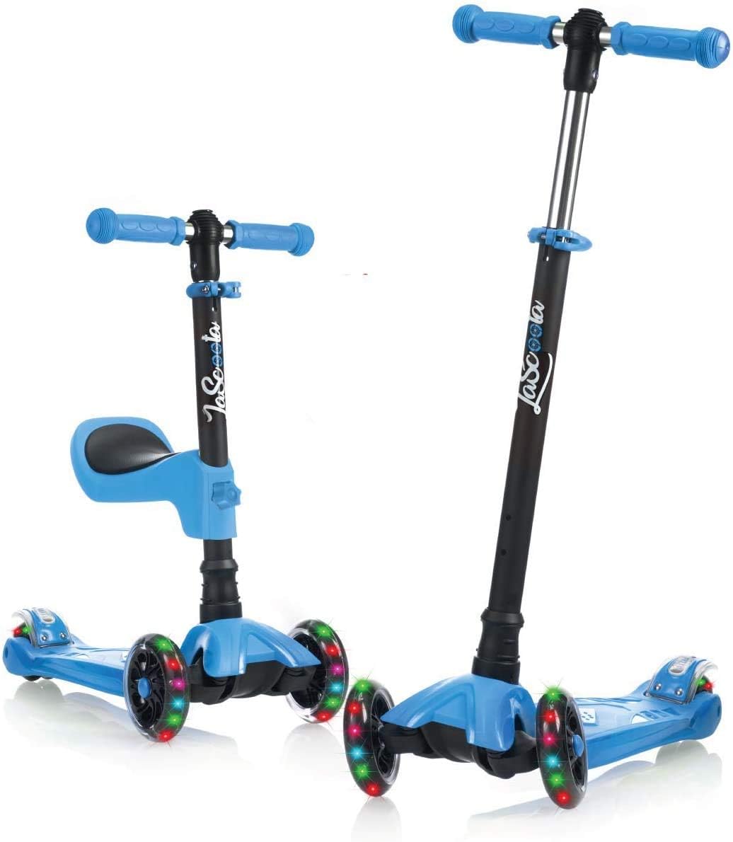 Lascoota 2-in-1 Kick Scooter with Removable Seat Great for Kids & Toddlers Girls or Boys – Adjustable Height w/Extra-Wide Deck PU Flashing Wheels for Children from 2-14 Years Old