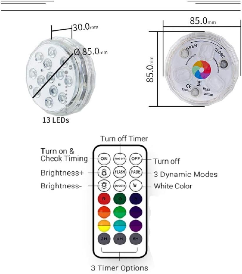 Submersible LED Lights with3 Suction Cups and Magnets,IP68 Waterproof Bathtub Light with RF Remote,13 Color Changing LED Lights for Shower,SPA,Hot Tub,Party,Aquarium Vase,Wedding,Halloween (2 Pack) - Image 4
