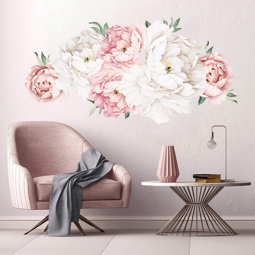 Wakauto Peony Wall Stickers, Romantic Floral Mural DIY Removable Vinyl Decals Home Decorative for Bedroom Living Room