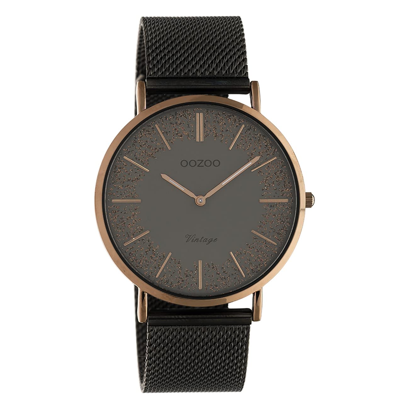 Oozoo Vintage Flat Women's Watch with Stainless Steel Milanese Metal Strap Glitter Line with Glitter Elements in Dial 40 mm, C20139 - Dark Rose / Dark Grey / Gunmetal, groß, Bracelet