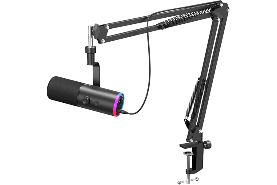 TONOR Dynamic Gaming Microphone, XLR/USB Mic Streaming, AI Noise Cancellation, Controlable RGB, Tap Mute, 3.5mm Headphone Jack, Volume Control, Microfono with Boom Arm, Black, TD510 AIR S H+