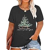 kfulemai Plus Size Christmas Tree Tshirt Womens Merry Christmas Graphic tee Merry and Bright Short Sleeve