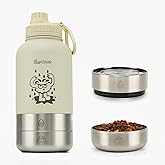 Pawccoli 34oz Dog Water Bottle, Stainless Steel Dog Water Bottle Dispenser with Detachable Food & Water Bowls, Keeps Water Hot/Cold, for Walking, Hiking, Camping(Cream)
