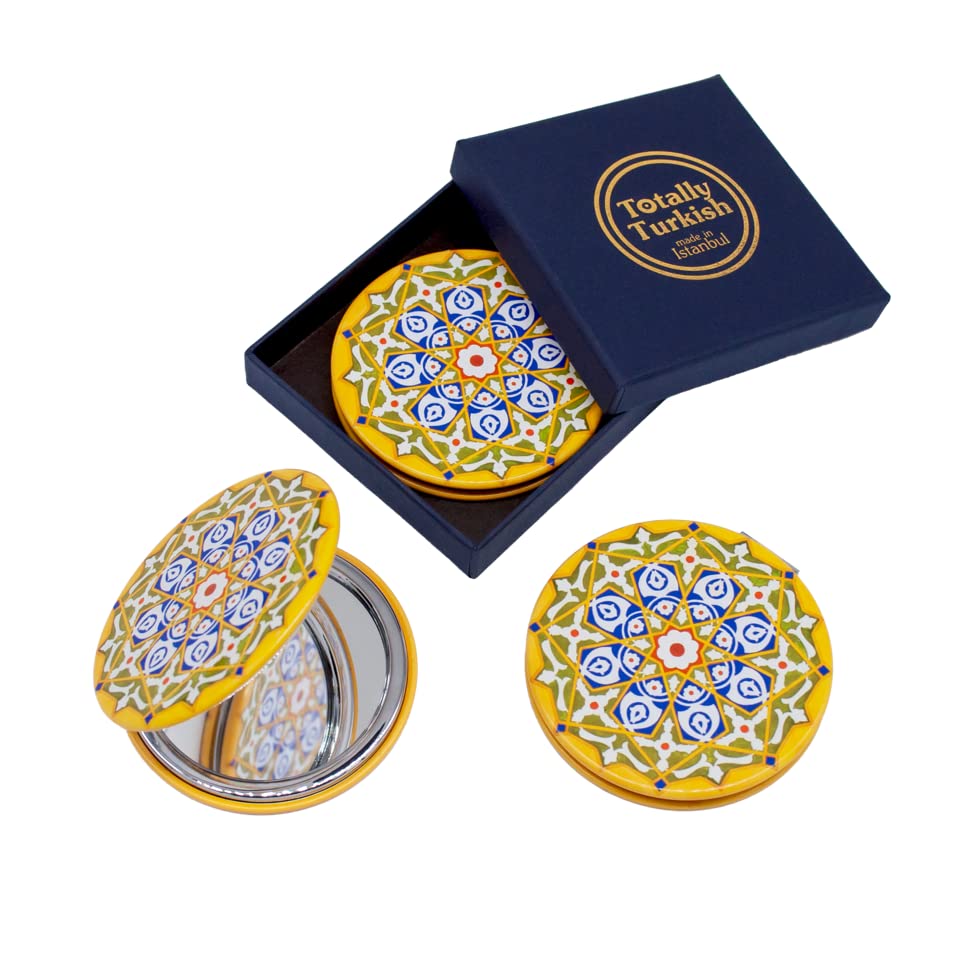 Totally Turkish Metal Compact Mirror – Small Folding Round Mirror With Magnetic Close – 1x & 2x Magnification – For Handbags, Make-Up, Travel & Commutes – Bright & Funky Geometric Pattern (Venus)