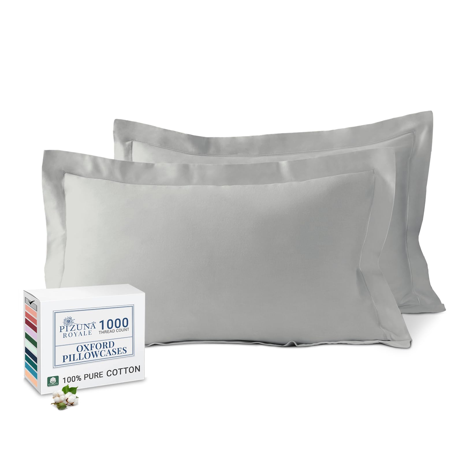 Pizuna Luxurious Cotton King Size Oxford Pillowcases 2 Pack Silver 50x90cm, 1000 Thread Count Long Staple Combed Cotton Thick Pillow Cover, Soft Sateen King Pillow Cases (Cooling Pillowcase) โ image 1