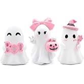 Stylor 3 Pcs Pink Halloween Ghost Figurines Decor - Cute Kawaii Pastel Halloween Decor with Pumpkin, Small Resin Desk Statue Decorations for Tiered Tray, Gifts for Women