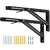 YUMORE 16 Inch Folding Shelf Brackets, Heavy Duty Collapsible Shelf Bracket, Black DIY L Bracket for Workbench Folding Table 