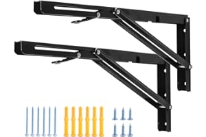 YUMORE 16 Inch Folding Shelf Brackets, Heavy Duty Collapsible Shelf Bracket, Black DIY L Bracket for Workbench Folding Table Hinge, Max Load: 330lb, Pack of 2