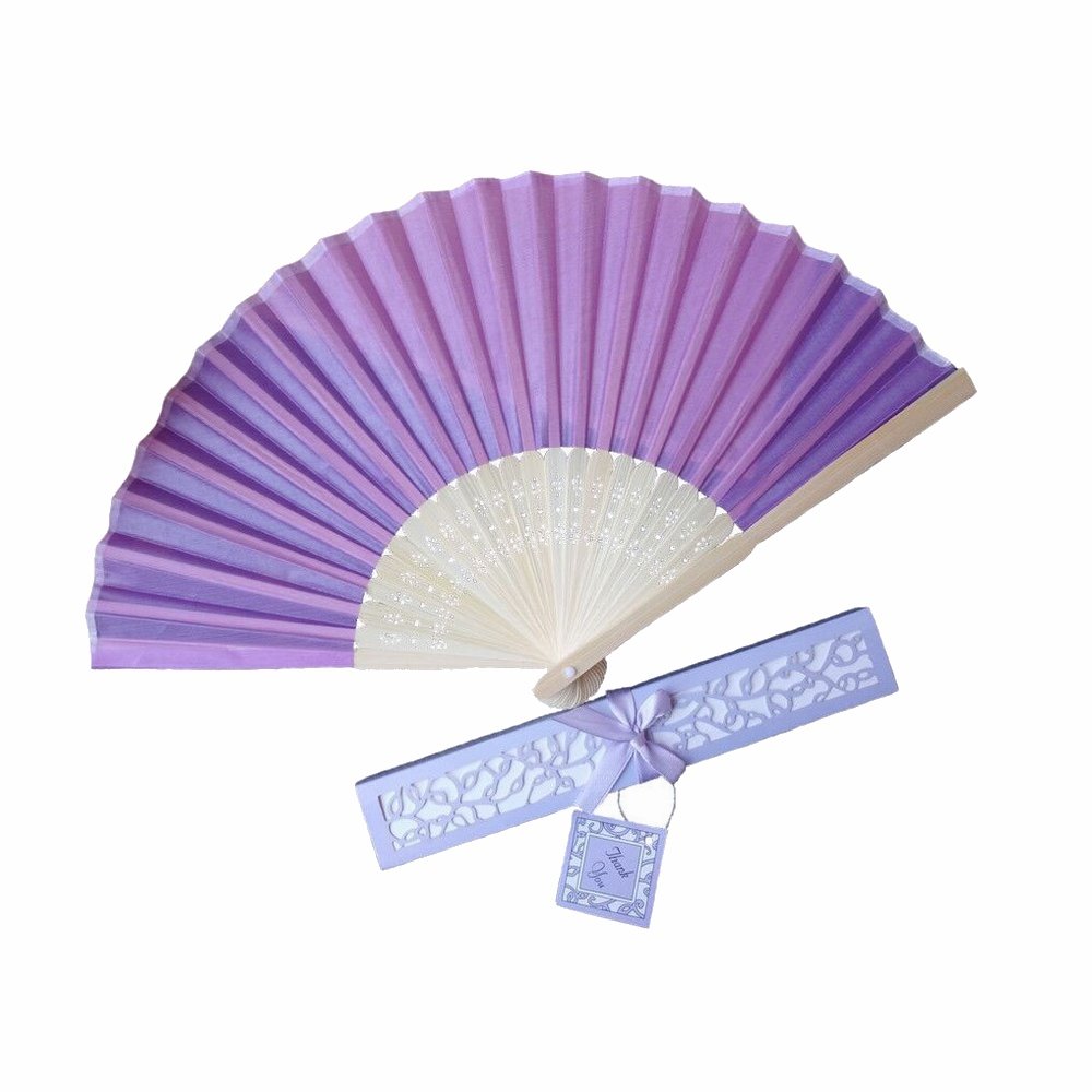 WEN FEIYU 50pcs Silk Fold Hand Fan Versus Elegant Laser-Cut Gift Box Party or Wedding Favors Gifts (Light Purple)
