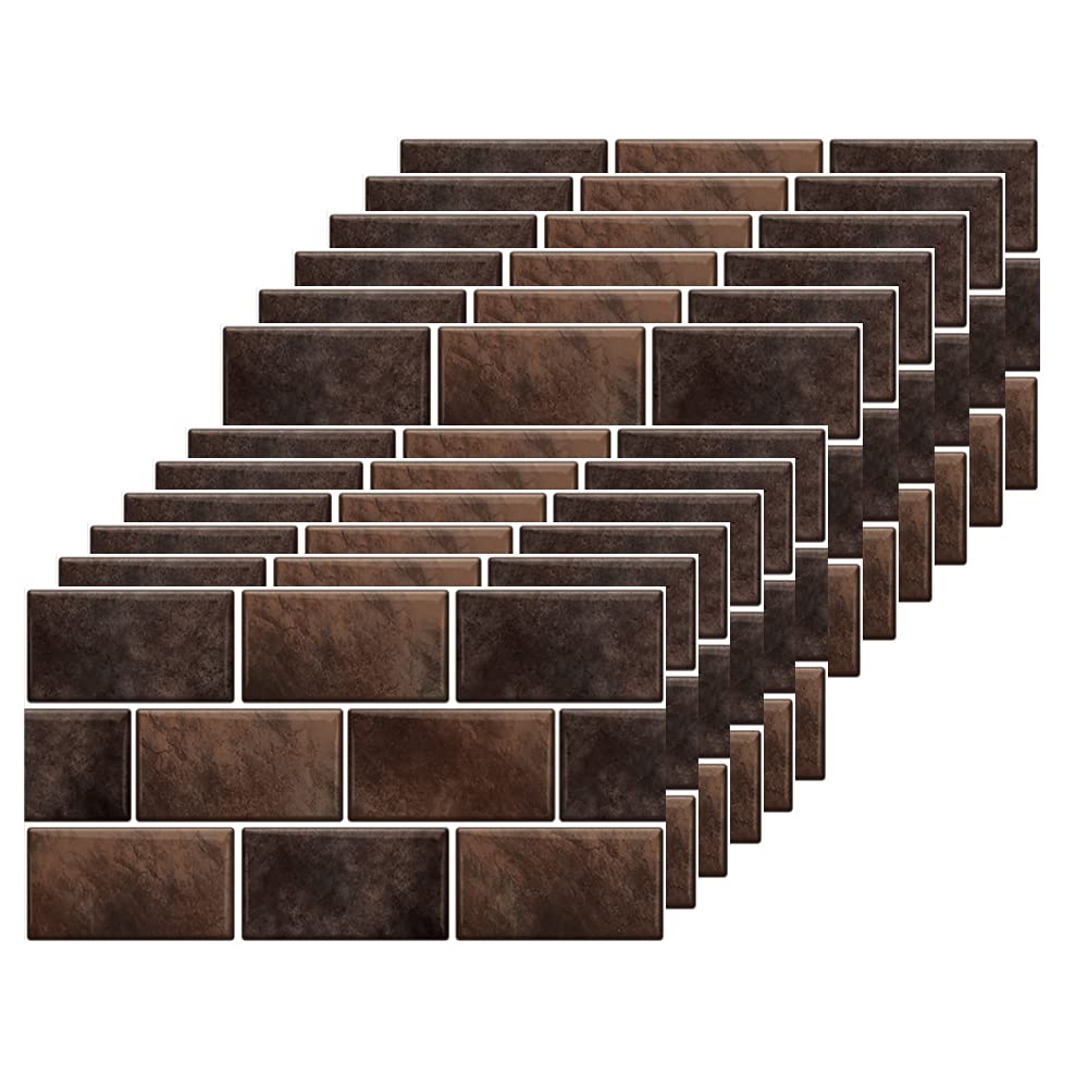 Brown Brick Tile Stickers for Bathroom Kitchen Waterproof Vinyl Stick on Tiles Backsplash Self Adhesives Wall Tile Transfers Peel and Stick Tile Decals for Living Room - 30x15cm (12 Sheets)