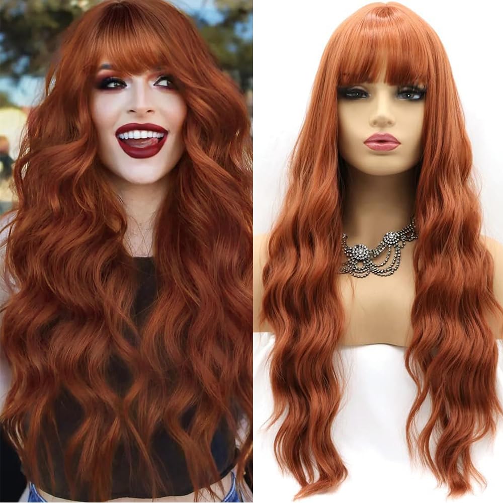 Xiweiya Wigs Long Curly Copper Red Lace Wig with Air Bangs Hair Length Synthetic Wave Heat Resistant Fiber Wigs Middle Parting for Women, Drag Queen Cosplay Makeup (with U Part Lace）