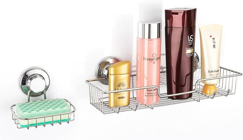 Shower Caddy Suction Cup with Hooks 304 Stainless Steel Rustproof Wire Basket Kitchen & Bathroom Storage