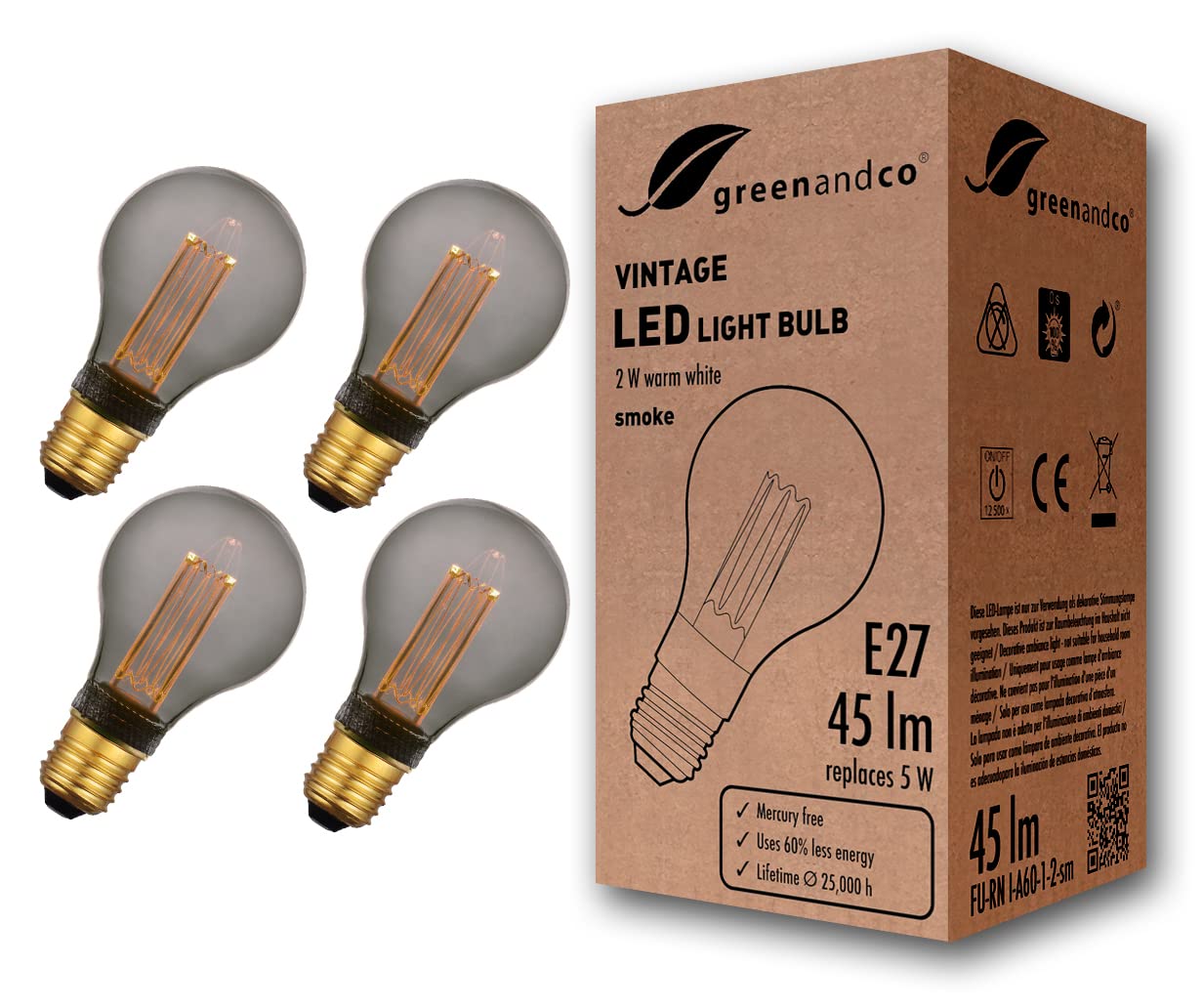 greenandco 4X Decorative LED Vintage Light Bulb | E27 A60 | Smoke | 2W 45lm | 1800K Extra Warm White | 320° | 230V | Flicker Free | Not Dimmable — image 1
