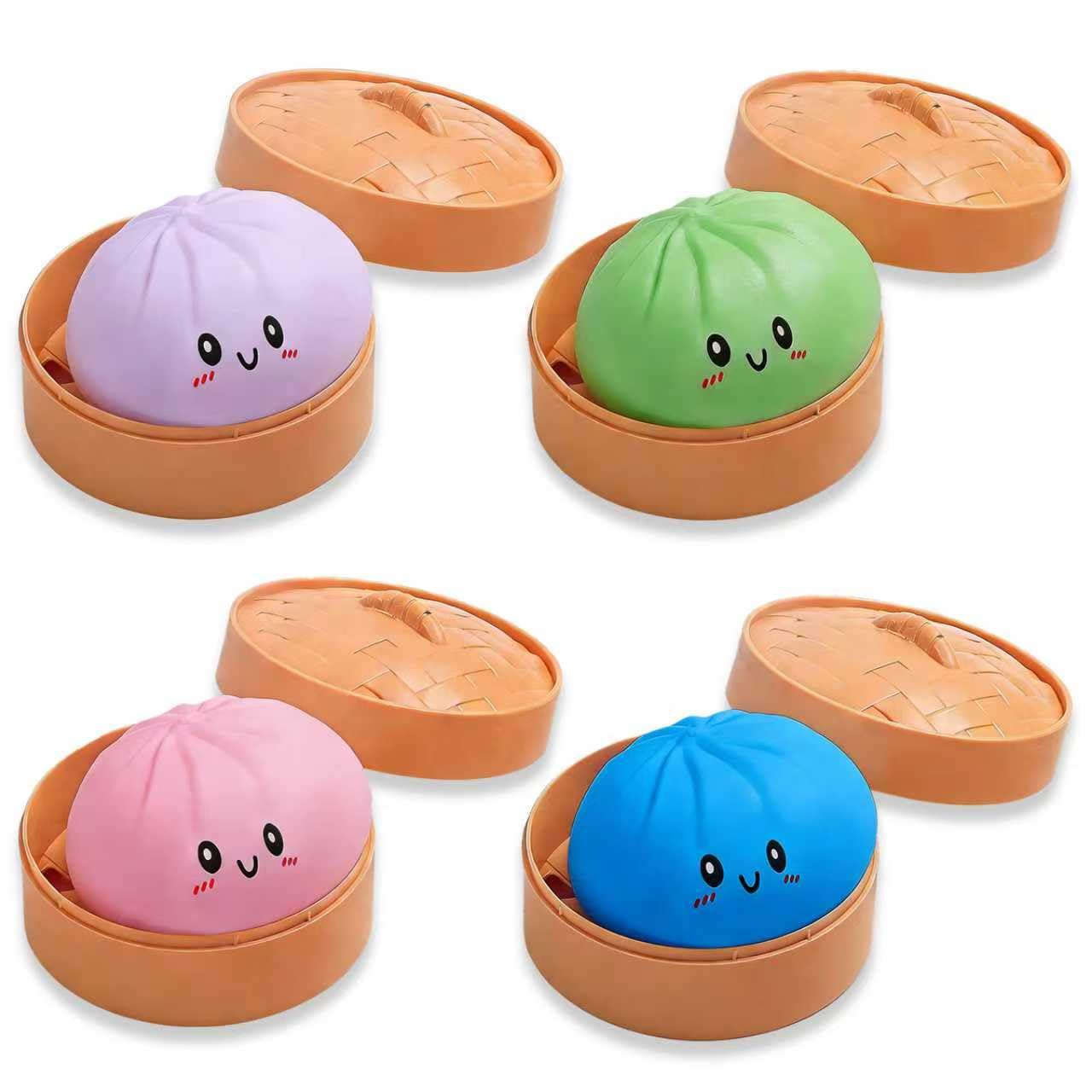 Dumpling Squishy Mystery Box,Dumpling Squishy, Easter Basket Stuffers,Cute Anxiety Relief Fidget ,Squeeze Dough Ball Stress Relief Hand Toys with Food Steamer Stretchy Desk Toys (Four-Color Set)