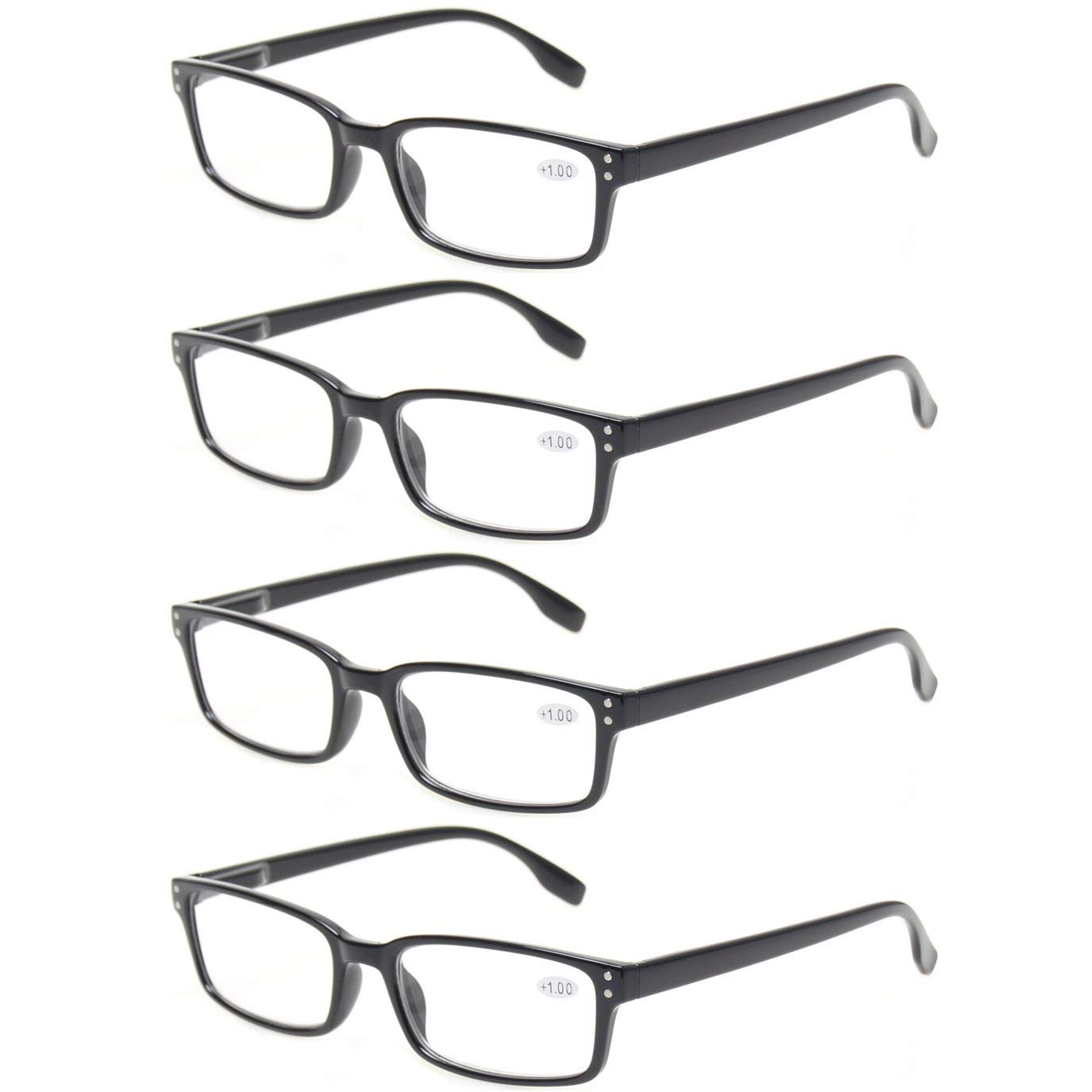 Kerecsen 4-Pack Reading Glasses Spring Hinges Comfortable Readers (+1.50, 4 Pack Black)