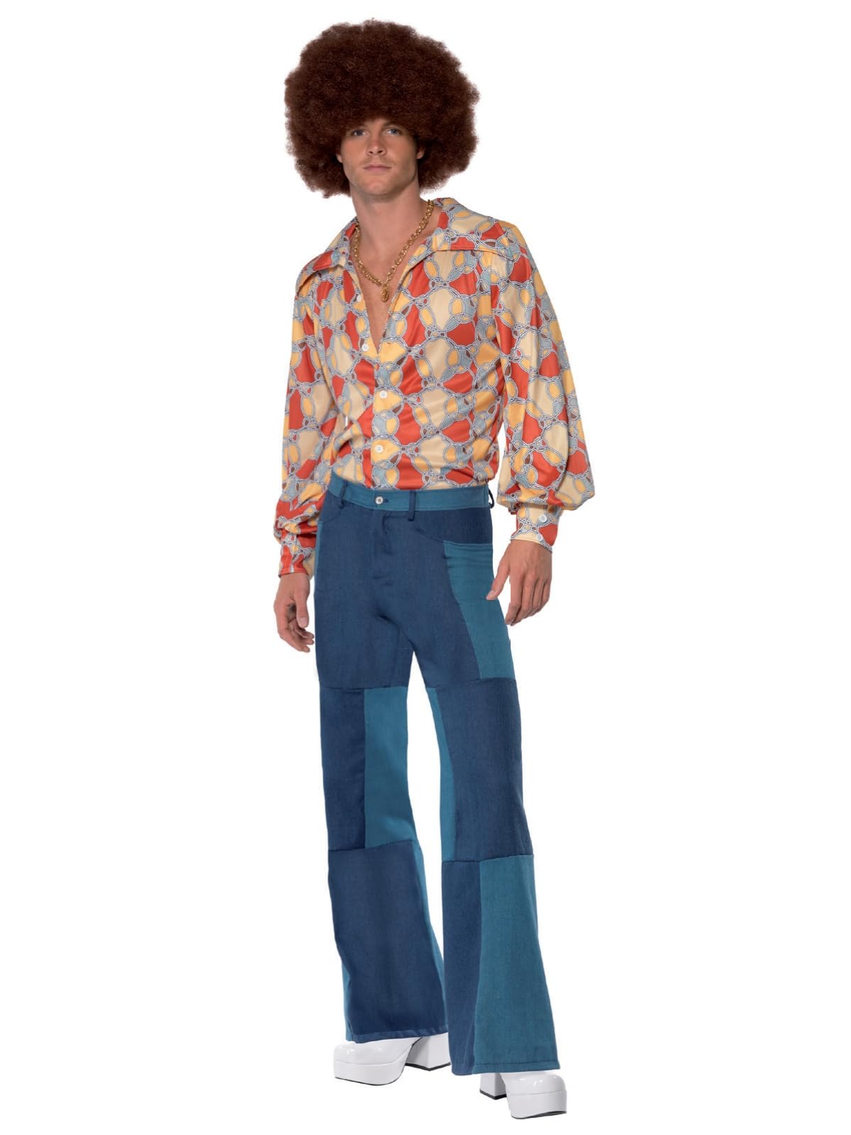 Smiffys 70s Retro Costume, Blue with Shirt & Patchwork Denim Trousers, 1970's Disco Fancy Dress, 1970s Dress Up Costumes