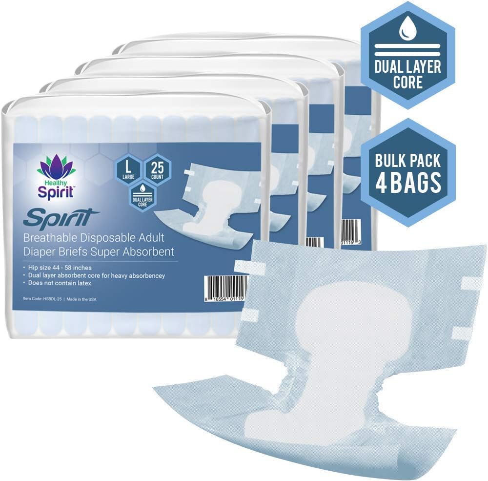 Healthy Spirit Breathable Disposable Adult Diaper Briefs for Incontinence Super Absorbent with Tabs, Large, 100 Count
