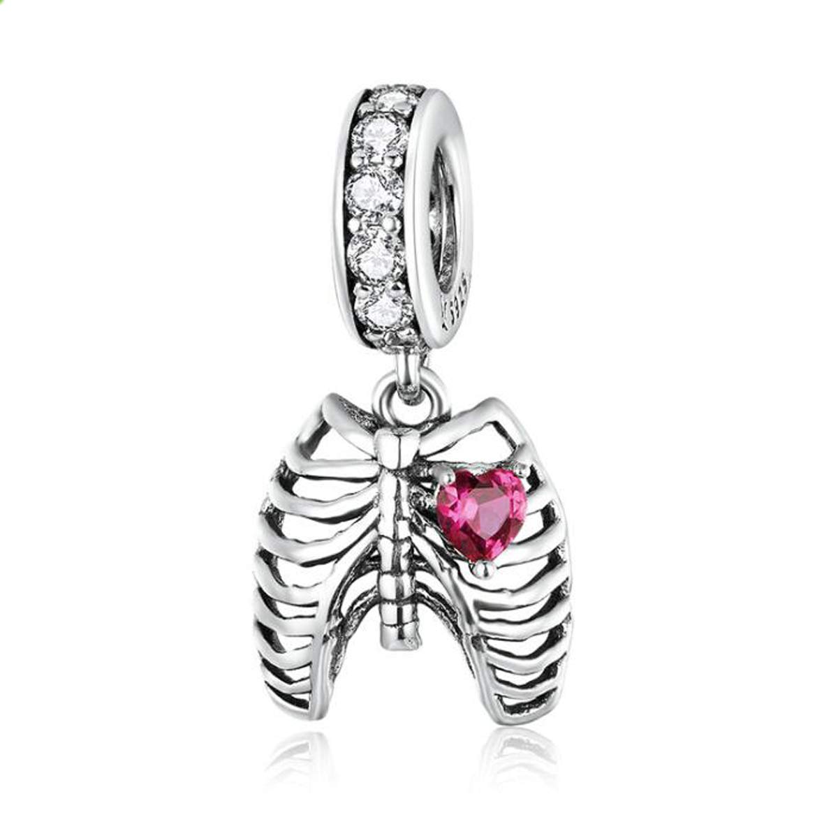 Halloween Charm Beads 925 Sterling Silver Love Magic Hat,Crown Color Crystal Skull,Rib Pendant,Pumpkin Wizard Skull Charms to fit Pandora Bracelet&Necklace (Ribs)