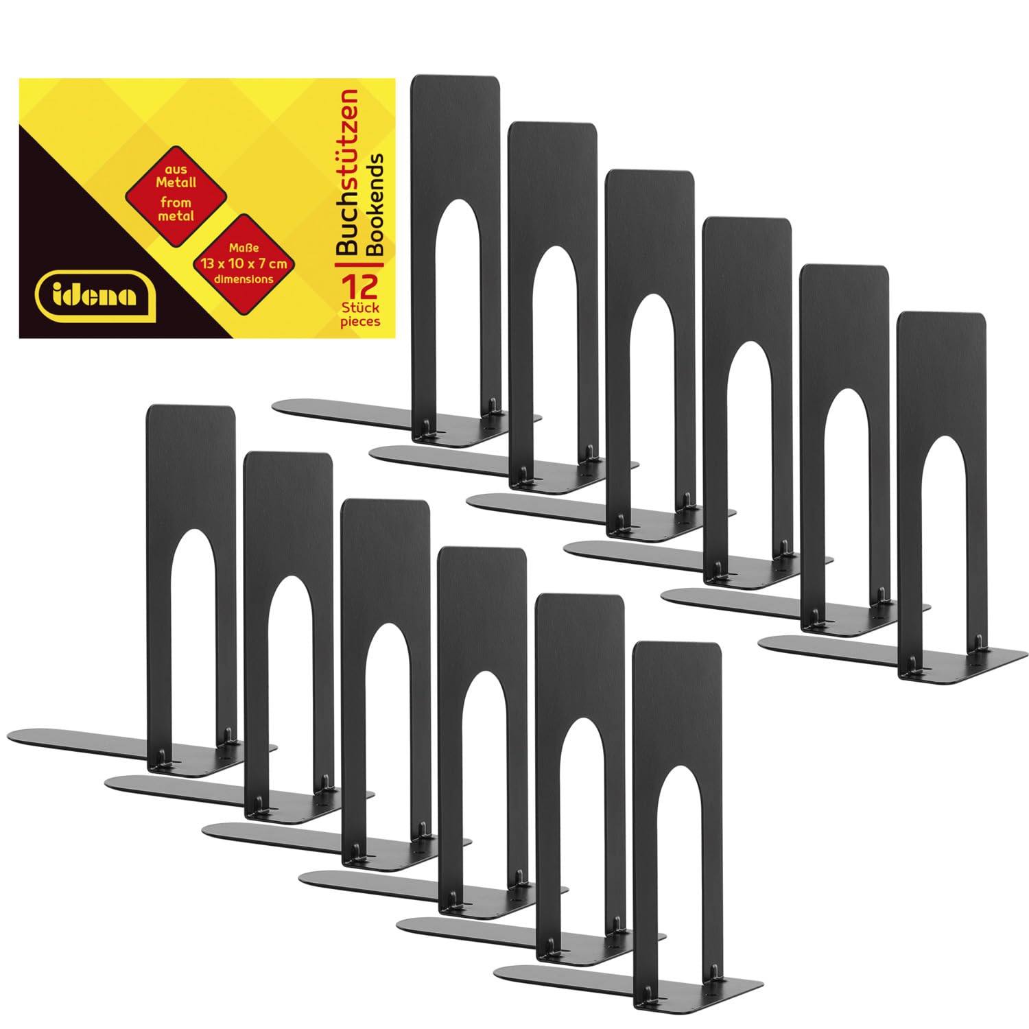 Idena 11110 Metal Bookends in Black, 12 Book Stands in Size 13 x 10 x 7 cm, Book Holder for Bookshelves