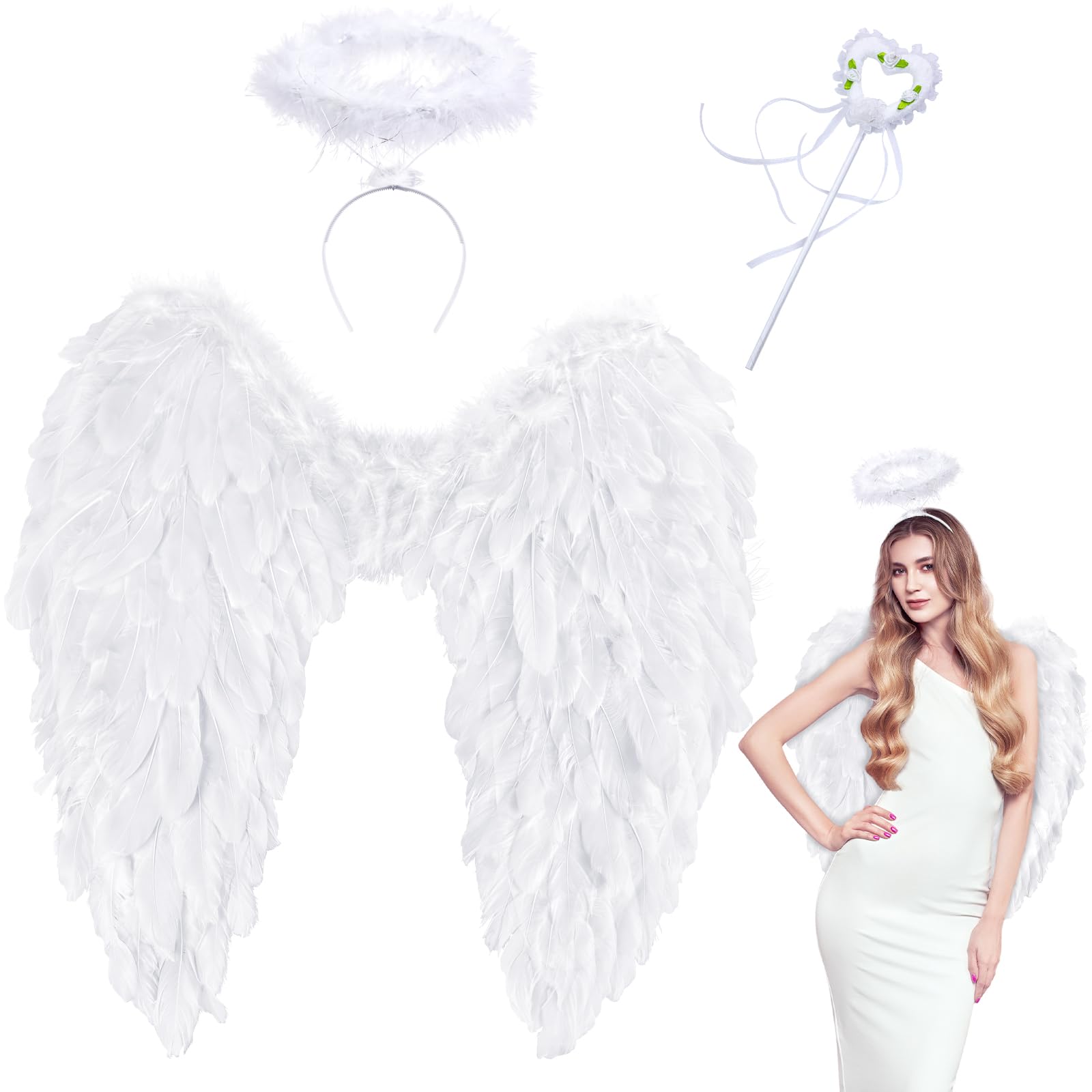 Takmor Angel Wings and Halo, Angel Costume for Woman Girls Adults Angel Accessories for Halloween Party Cosplay (white) (White 60 * 60cm)