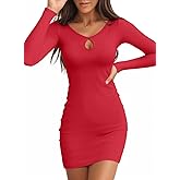 Valiamcep Women's Long Sleeve Dress Bodycon Dresses Cutout Keyhole Neck Ribbed Party Mini Dress Red S