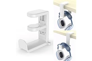 Rotating Headphone Stand, Adjustable Clamp-On Under Desk Headset Holder with 360° Swivel and Cable Clip Organizer (White)