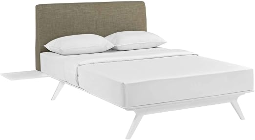 Amazon Com Modway Tracy Mid Century Modern Upholstered Headboard Queen Platform Wood Bed Frame With Two Side Tables White Latte Furniture Decor