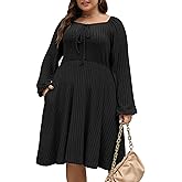 Nemidor Womens Plus Size Casual Fall Dress Square Neck Long Sleeve Ribbed Swing Sweater Dresses with Pocket