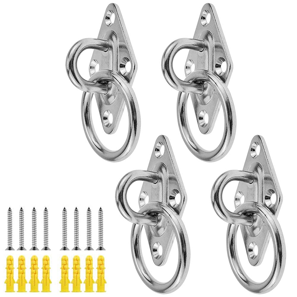 ZDNT 4 Pieces 304 Stainless Steel Diamond Eye Hooks Diamond Door Buckles,Heavy Duty Metal Pad Eye Plate,Diamond Boat Pad Eye Plate Anchor with Ring,Tie Rings,for Boat Rigging,Marine Deck Hardware,etc.