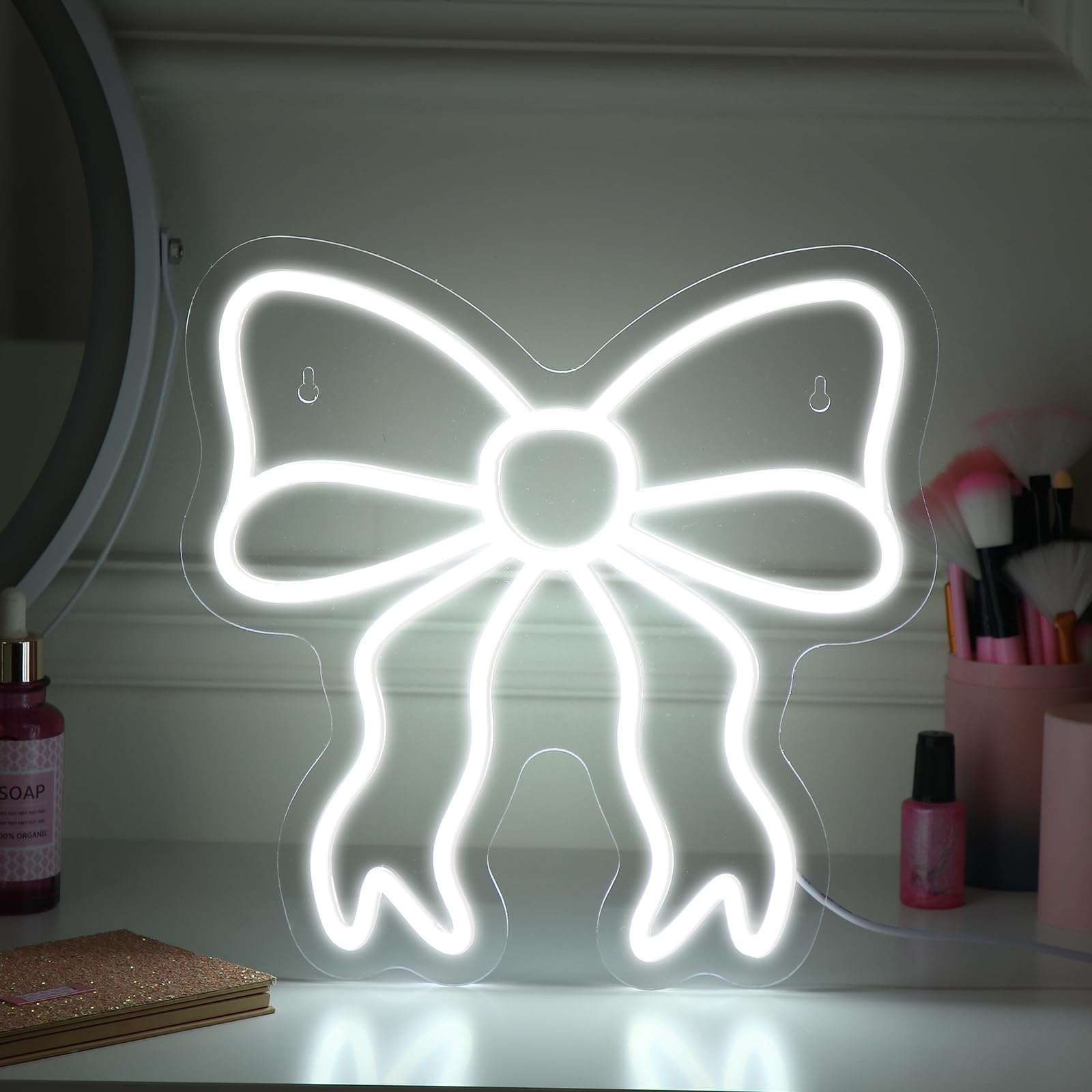 Photo 1 of Retisee Bow LED Neon Sign Bedroom Women Room Neon Light Sign Coquette Aesthetic Home Wall Preppy Dorm Beauty Room Salon Decor Party Bar Decoration Gift for Her 11.8x11.8in (White)