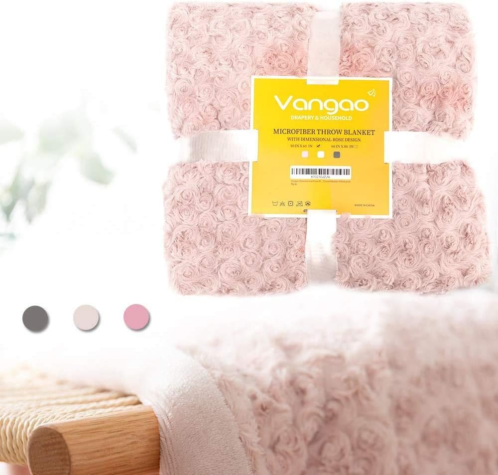 Vangao Throw Blanket Dimensional Rose Pattern Design Light Weight Luxurious Cozy Fuzzy Texture Hypoallergenic for Couch Chair Bed 50x60, Pink: Kitchen & Dining