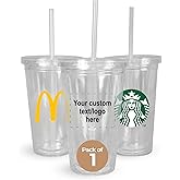 Set of Custom Clear Acrylic Tumblers 16oz, Personalized Bulk Pack Insulated Plastic Promotional Tumblers BPA Free, Perfect for Iced Coffee, Soda, Hot Drinks & Cold, Double Wall Logo (1 Count)