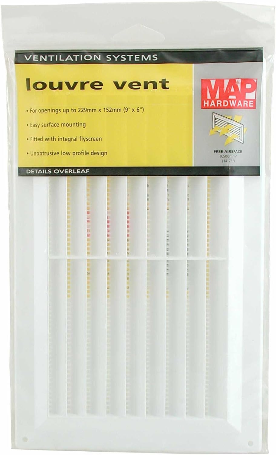 Map Plastic Louvre Air Vent with Flyscreen 9" x 6" (229mm x 150mm), Double Brick Grille Cover, White, 9x6 (229mm x 150mm) - Image 3