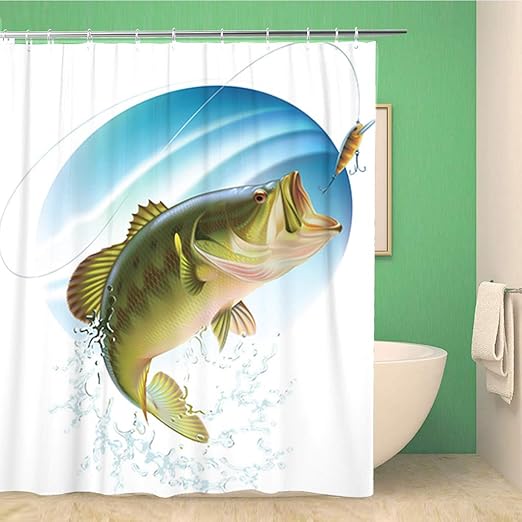 Amazon Com Topyee Shower Curtain Largemouth Bass Is Catching Bait And Jumping In Water 72x72 Inches Waterproof Polyester Bathroom Decor Curtain Set With Hooks Kitchen Dining