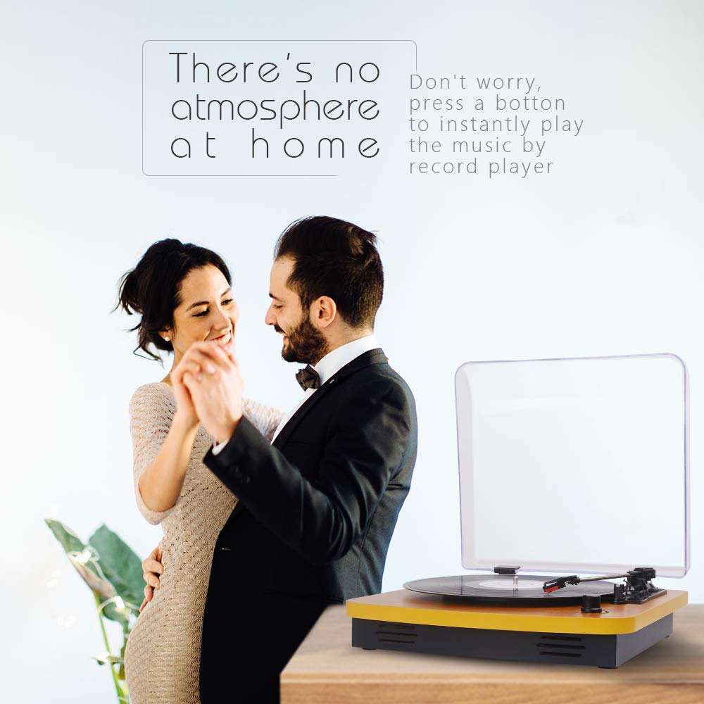 JORLAI 3-Speed Wooden Retro Turntable Belt Driven LP Vinyl Record Player with Built-in Stereo Speakers, Support Vinyl-To-MP3 Recording, Aux Input & RCA Output