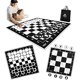 Swooc Games - 3-in-1 Giant Chess, Checkers, &amp; Chess Tac Toe Game with Mat (4ft x 4ft) - Machine-Washable Canvas &amp; 5" Big Foam Discs - Giant Chess Set Outdoor &amp; Checkers Board Game for Adults &amp; Kids