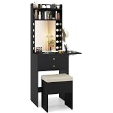 COSTWAY Vanity Desk with Mirror and Lights, Narrow Dressing Table with Foldable Countertop, Padded Stool, 2 Drawers for Apartment, Dorm, Bedroom, Makeup Vanity Set for Girl, Teen, Women (Black)
