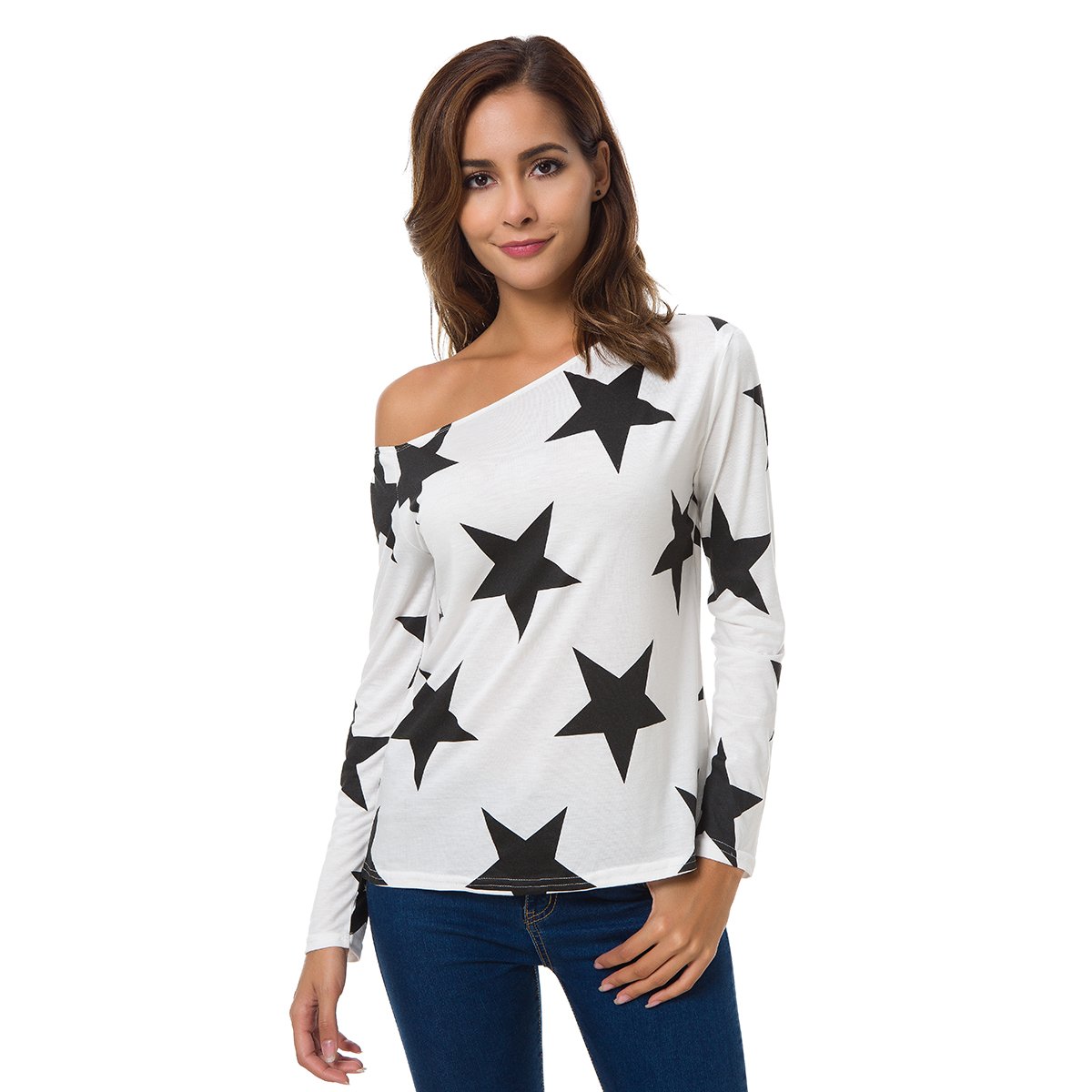 Zumine Women\'s One Off Shoulder T Shirts Star Print Long Sleeve Blouse Tops (L, White)