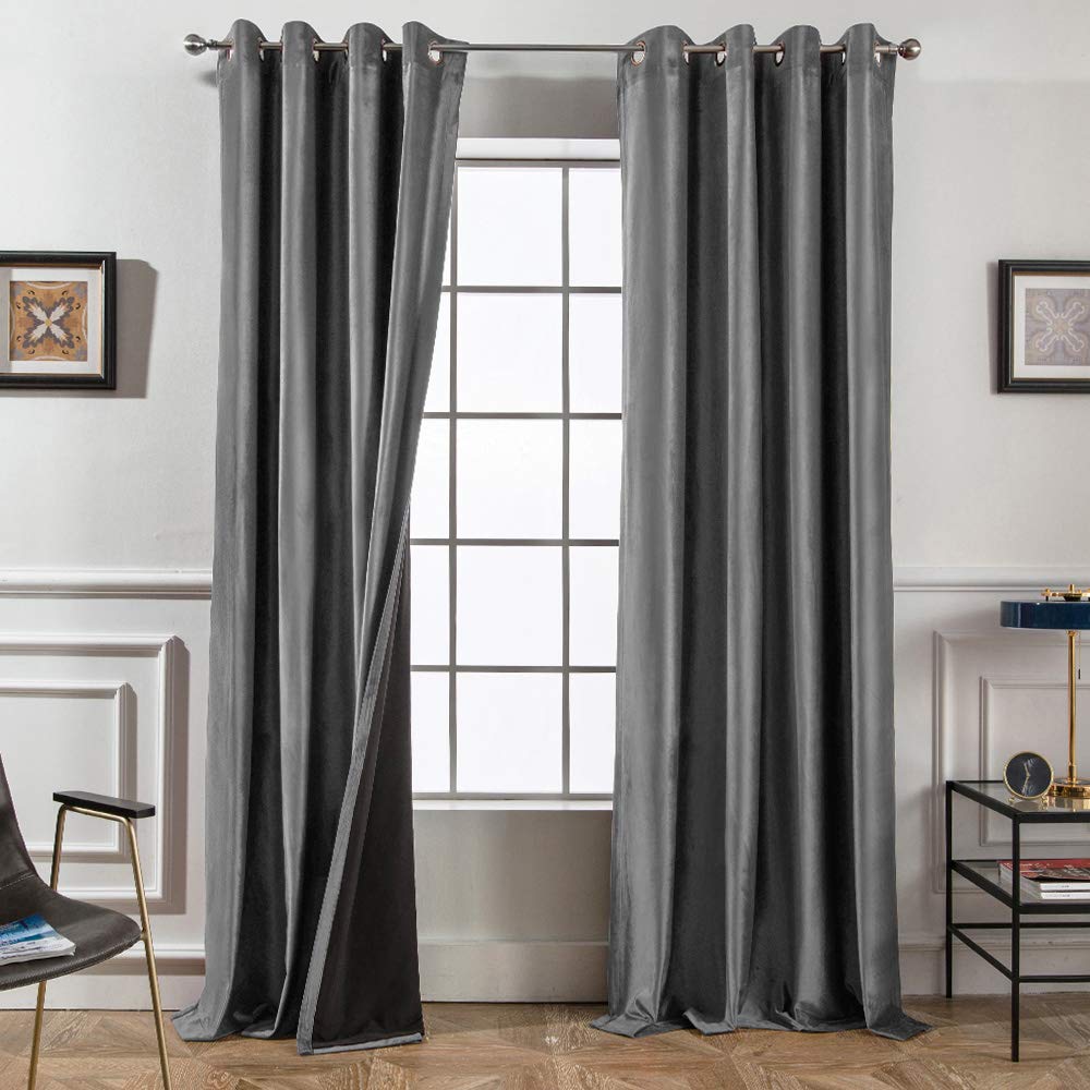 Melodieux 100% Blackout Velvet Curtains for Bedroom Living Room - Super Soft - Thermal Insulated Drapes with Black Liner, 52 by 96 Inch, Grey (2 Panels)