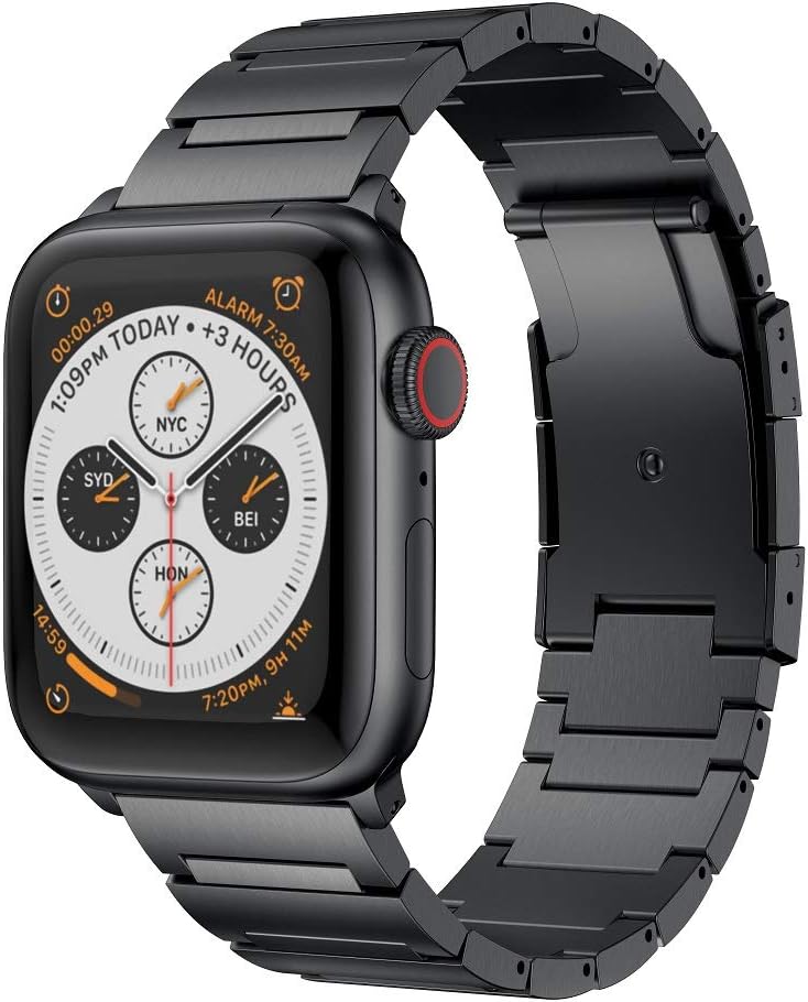 RABUZI Compatible for Apple Watch Band 44mm/42mm, Stainless Steel Metal Watch Replacement Bands Compatible for Apple Watch Series 5/4/3/2/1 Smartwatch, Double Button+Black