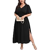 SCOMCHIC Women Plus Size Maxi Formal Dresses Wedding Guest Cocktail Short Sleeve V Neck Smocked Slit Long Flowy Dress
